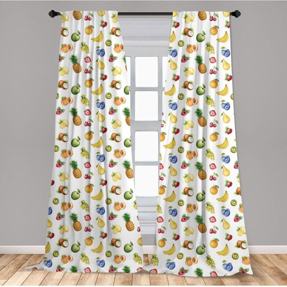 Lunarable Nature Curtains, Watercolor Style Effect Fruits Like Banana Grape New